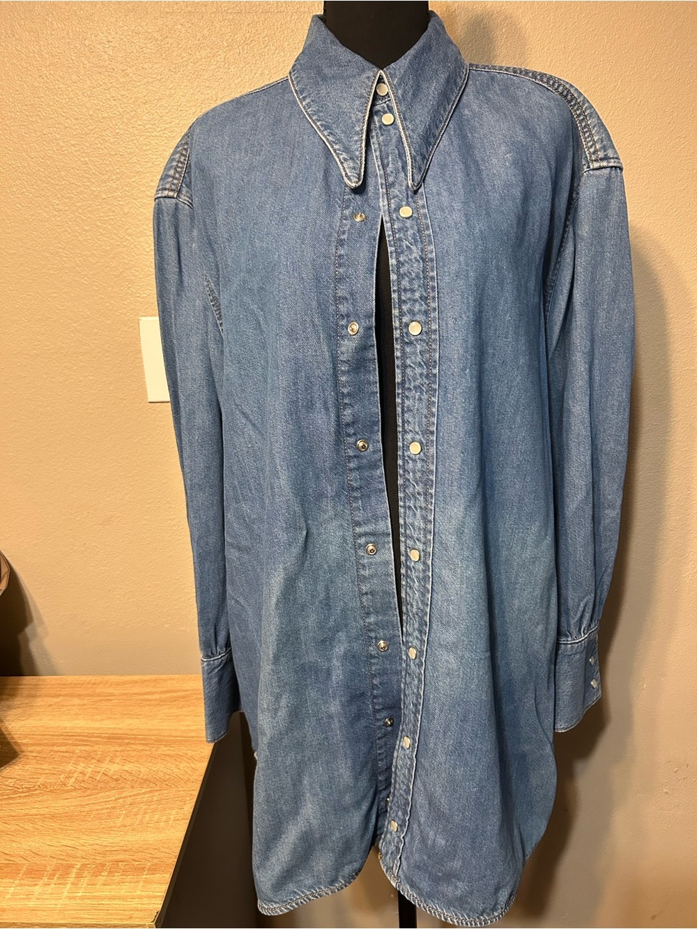 GANNI S/M Light Denim Oversized Shirt Cutout Back Western Pearl Snap Blue